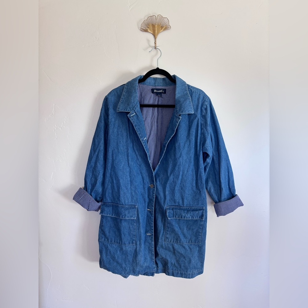Denim & Co. Chambray Denim Chore Jacket | Gingham Lined | Size L | A5